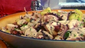 octopus and potato salad in a dish