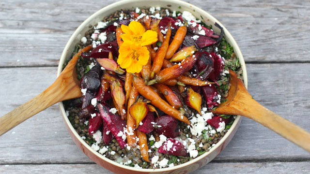Lentils with Roasted Beets and Carrots recipe
