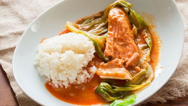 Cabbage Wrapped Red Salmon Curry