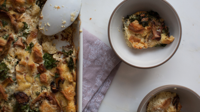 Smoked Cheesy Kale and Mushroom Strata recipe