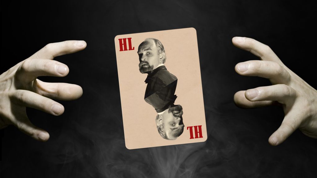 Two hands surround a playing card featuring the image of James "The Amazing" Randi in his younger days