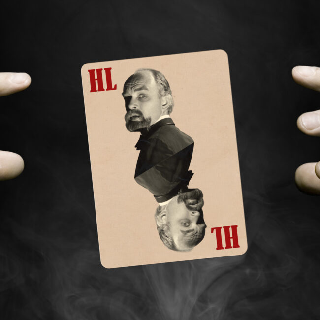 Two hands surround a playing card featuring the image of James 