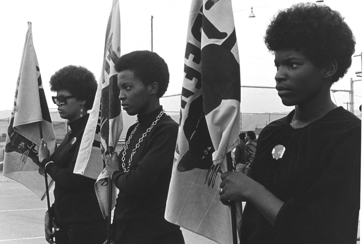 Woman with serious expressions wearing all black holding flags in a line