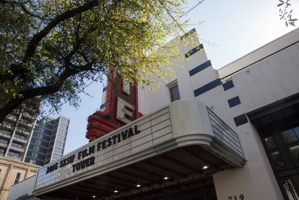 Marquee of the State Theatre in Austin before the SXSW premiere of Tower