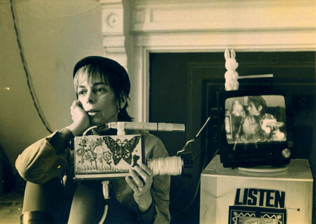 Filmmaker Shirley Clarke with slate and monitor