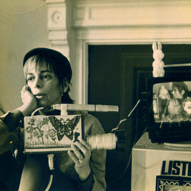 Filmmaker Shirley Clarke with slate and monitor