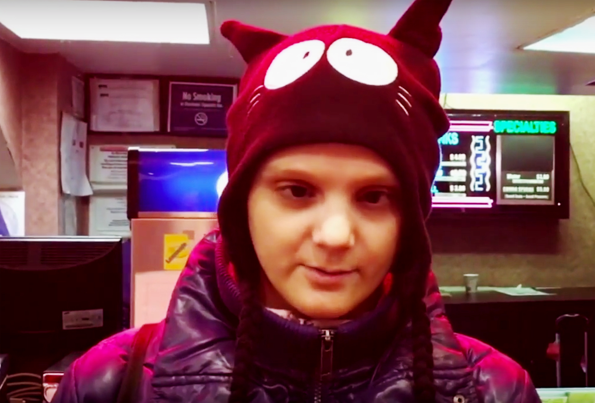 Michelle Smith interviewed in movie theater after a screening of Best and Most Beautiful Things, wearing a cartoony hat with cat ears.