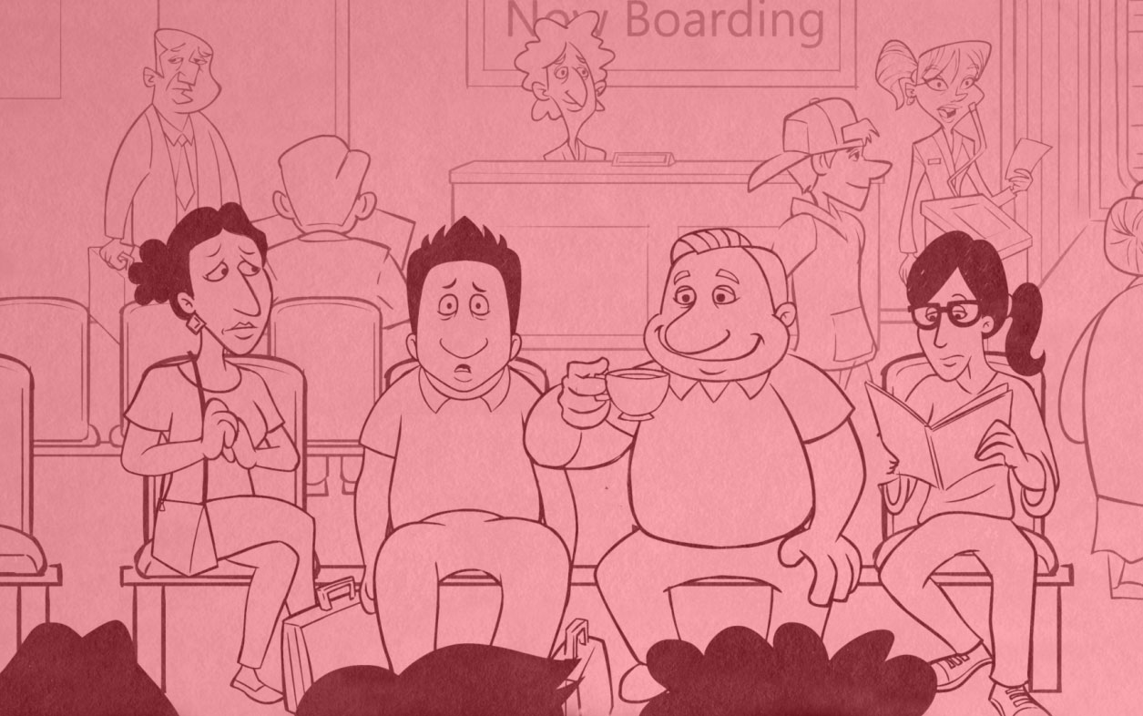 Meet the Patels animation capturing Ravi Patel and family waiting at airport while he's dumbstruck; for the Independent Lens love quiz