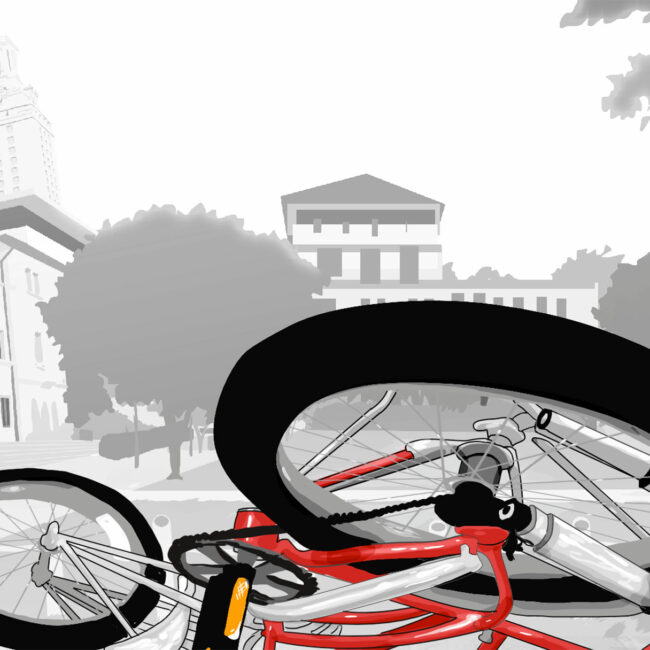 Fallen bicycle after shooting at UT Austin, as animated in the film TOWER