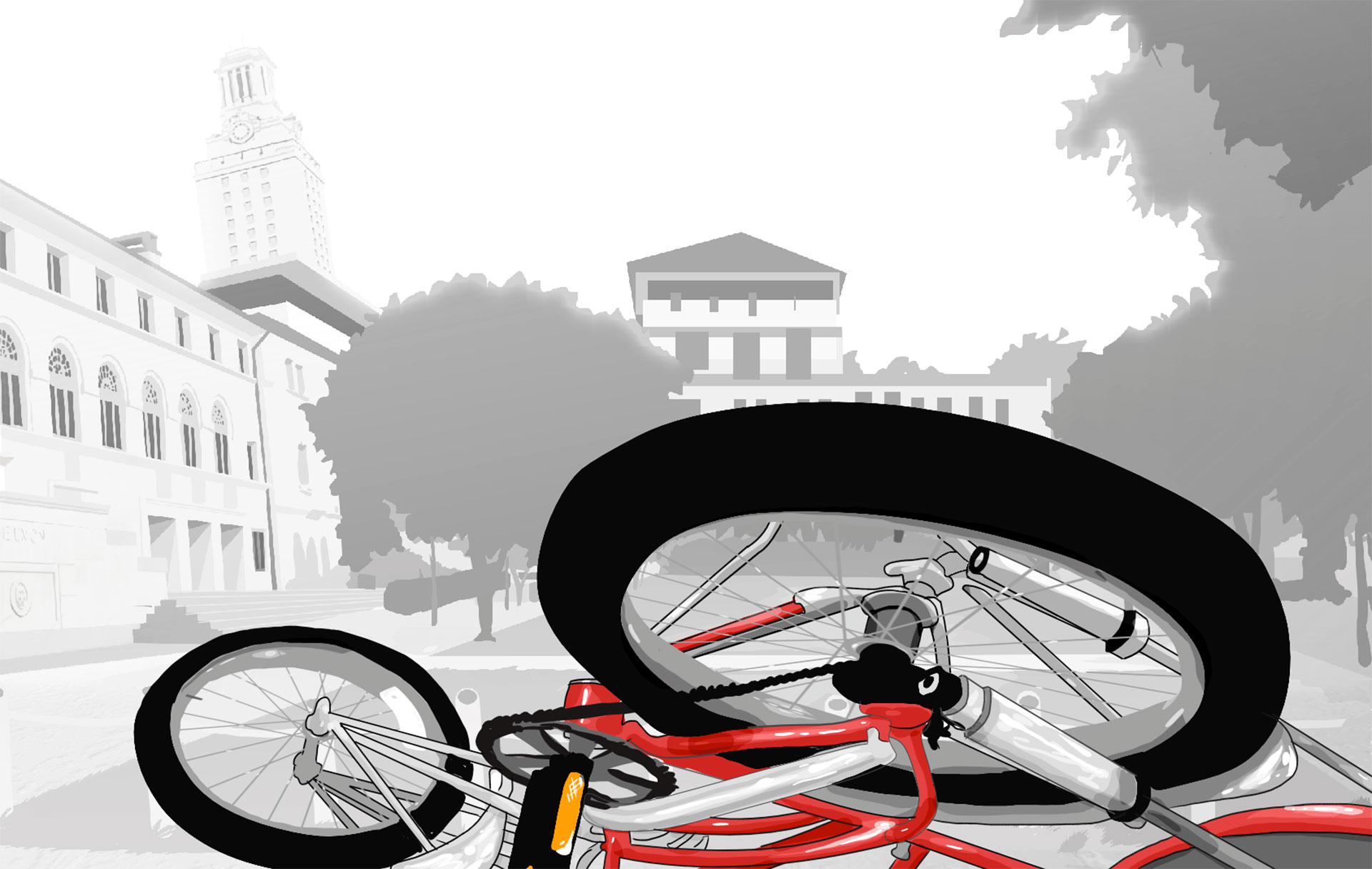 Fallen bicycle after shooting at UT Austin, as animated in the film TOWER