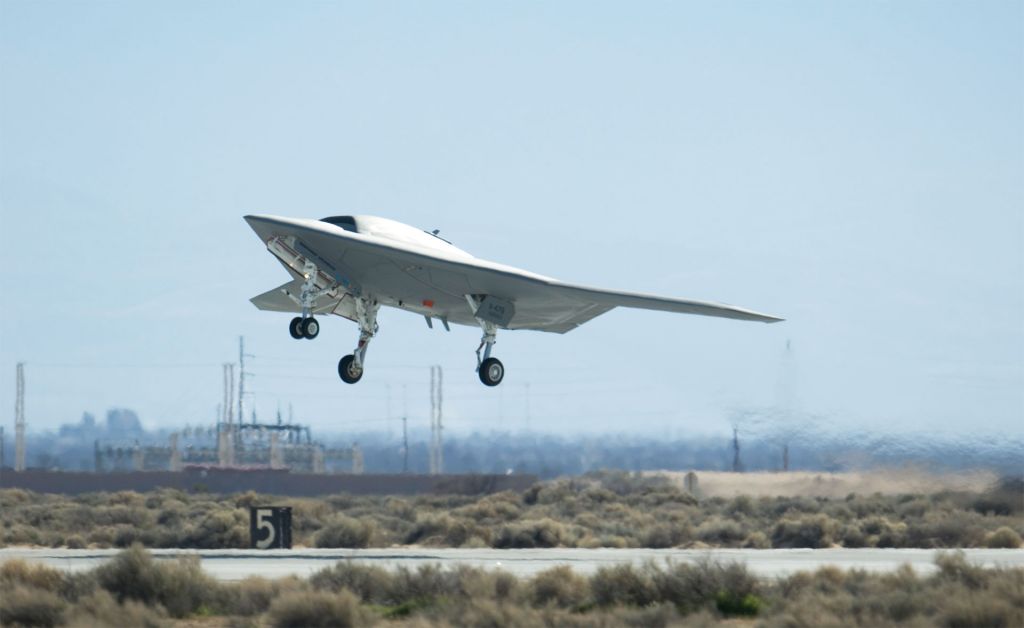 A Navy X-47B Unmanned Combat Air System Demonstration aircraft takes off and flies for the first time Feb. 4, 2011, at Edwards Air Force Base, Calif. The Northrop Grumman-built aircraft flew for 29 minutes during the flight test. (Via Wikimedia commons)