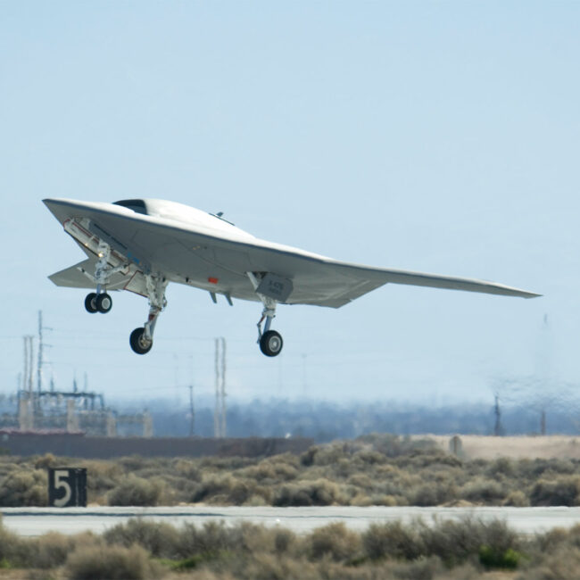A Navy X-47B Unmanned Combat Air System Demonstration aircraft takes off and flies for the first time Feb. 4, 2011, at Edwards Air Force Base, Calif. The Northrop Grumman-built aircraft flew for 29 minutes during the flight test. (Via Wikimedia commons)