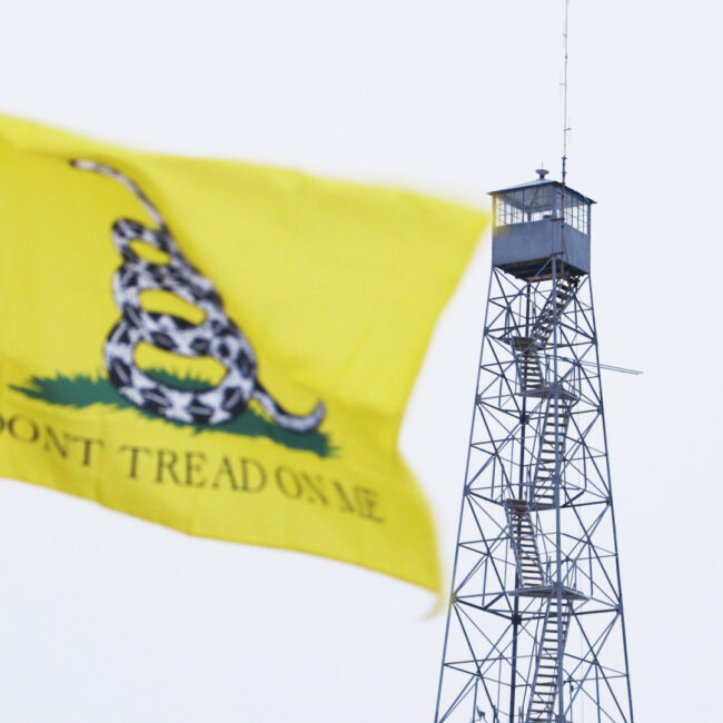 Don't Tread on Me flag in foreground, watch tower in background, from No Man's Land