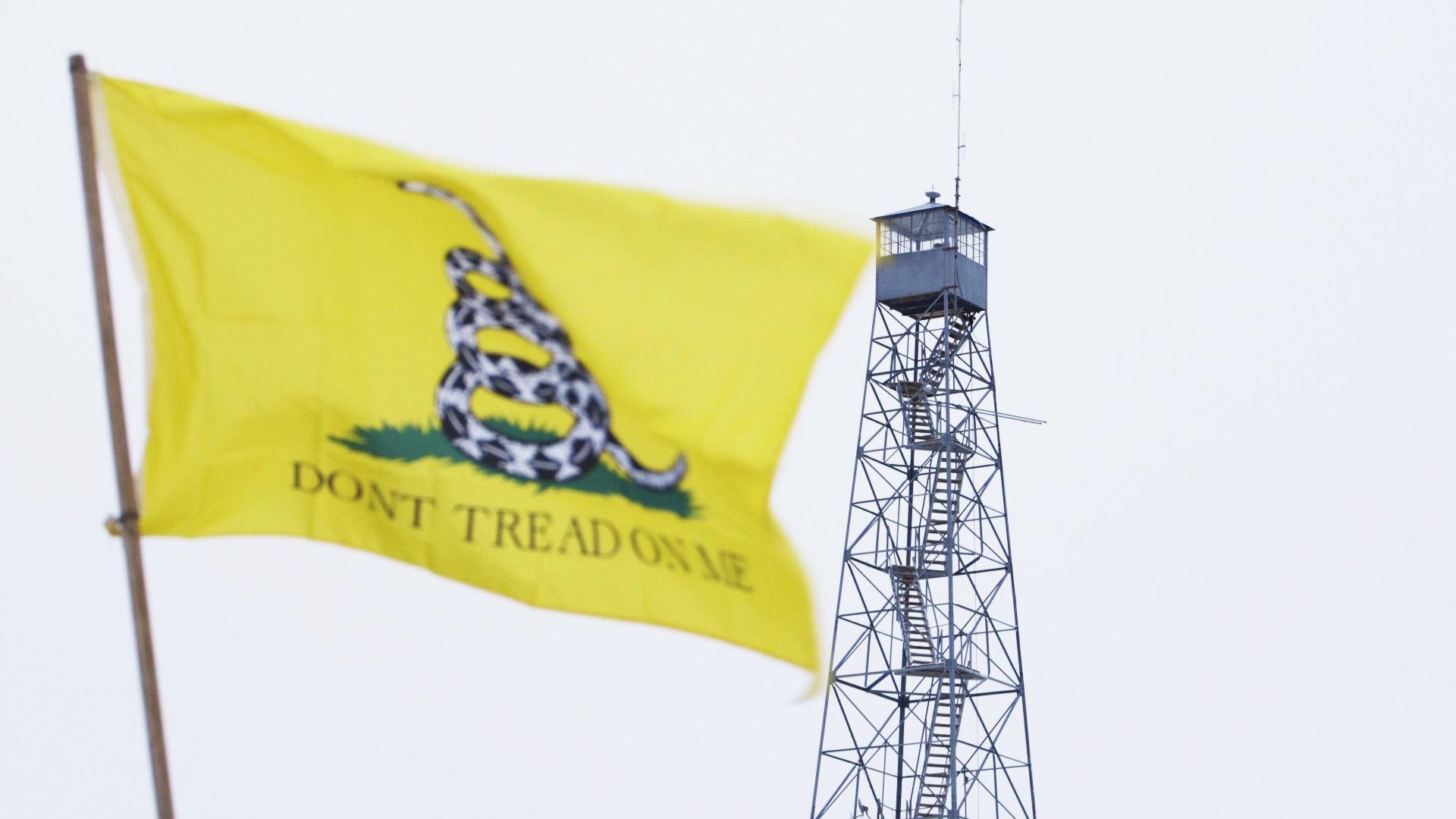 Don't Tread on Me flag in foreground, watch tower in background, from No Man's Land