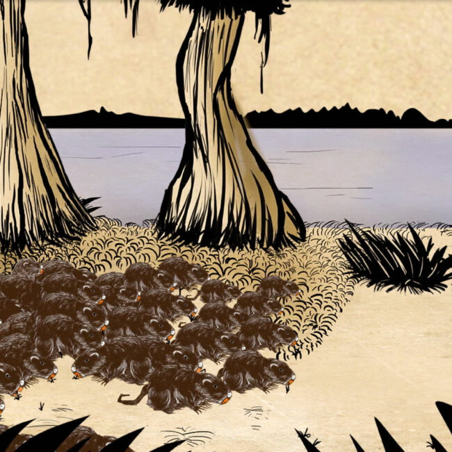 From the film Rodents of Unusual Size, animation of nutria overrunning on island in Louisiana