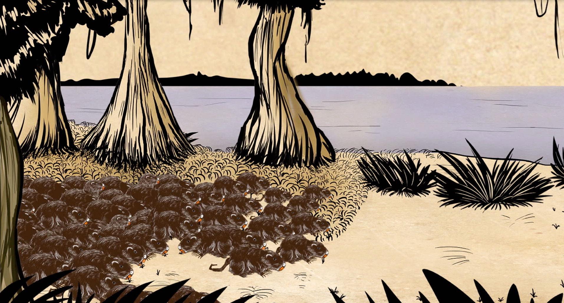 From the film Rodents of Unusual Size, animation of nutria overrunning on island in Louisiana