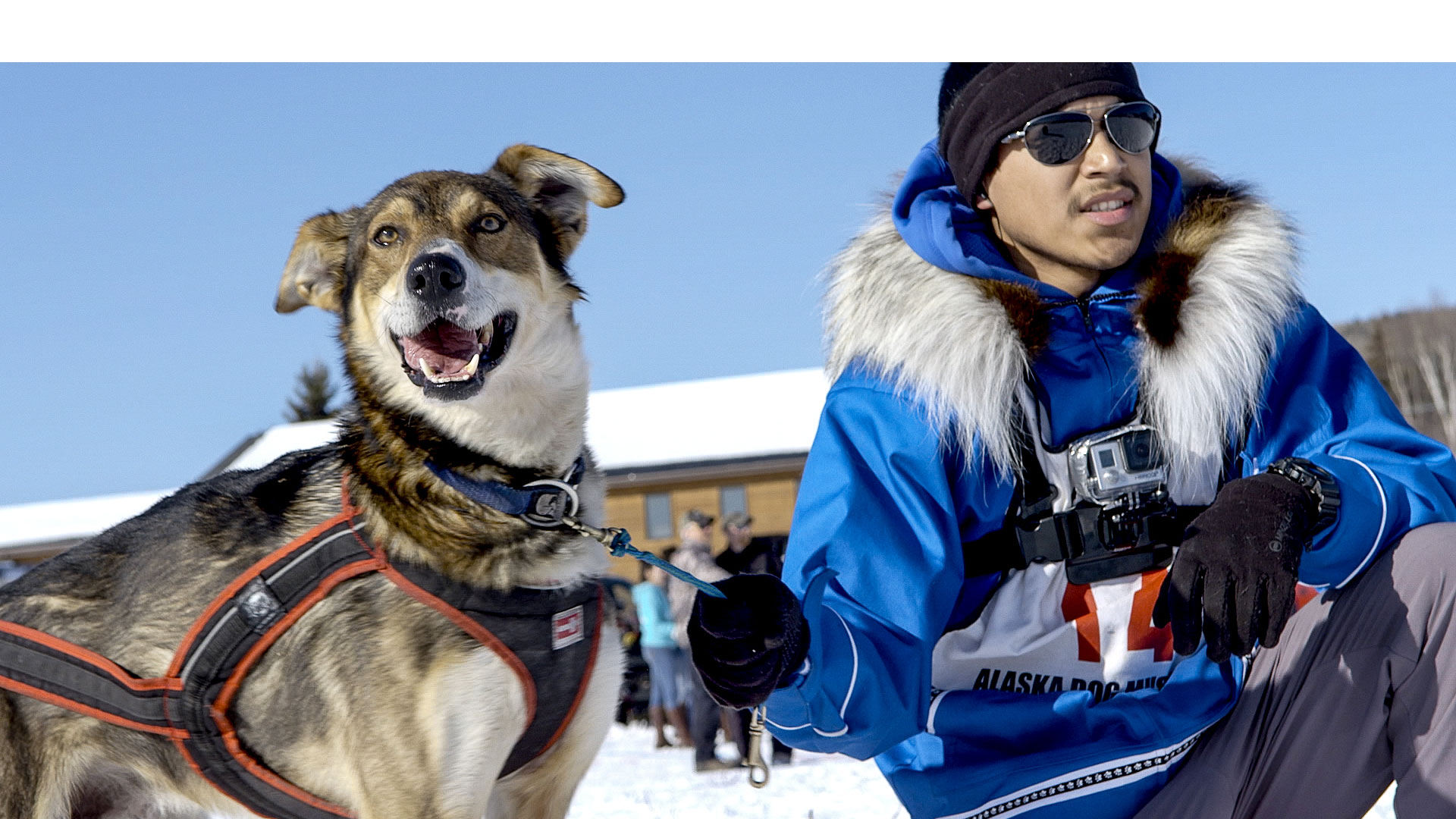 Joe Bifelt holding his lead dog, Happy, before the start of the 2015 Open North American sled dog race, from ATTLA