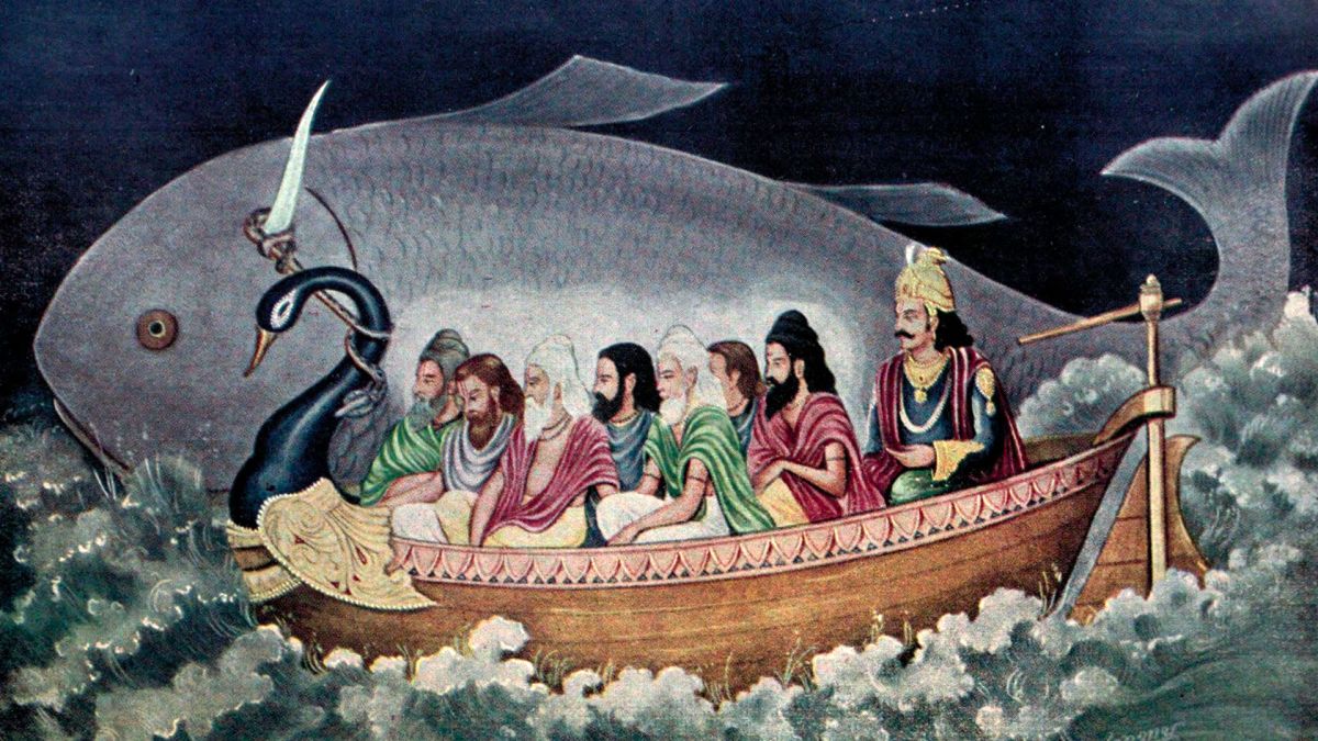 Painting of Matsya pulling a boat carrying Manu and Saptarishi during Pralaya