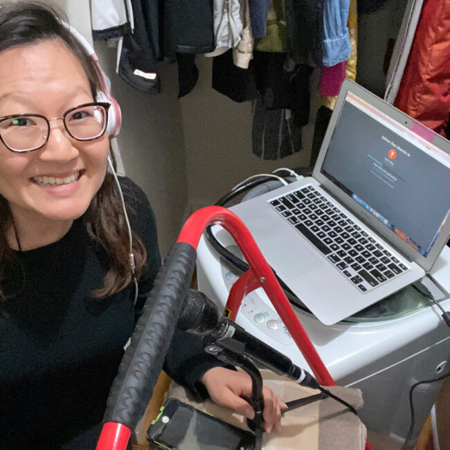 Podcaster Helen Hong, recording from her actual closet