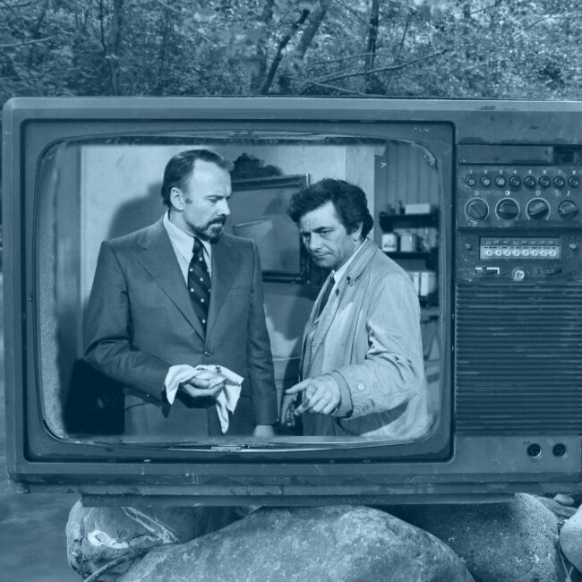 Composite image of a vintage TV on a creek with a episode of Colombo playing on it