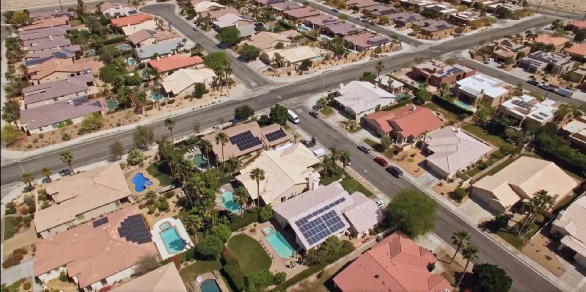 overhead shot of las vegas homes with solar paneled roofs, from Power Trip