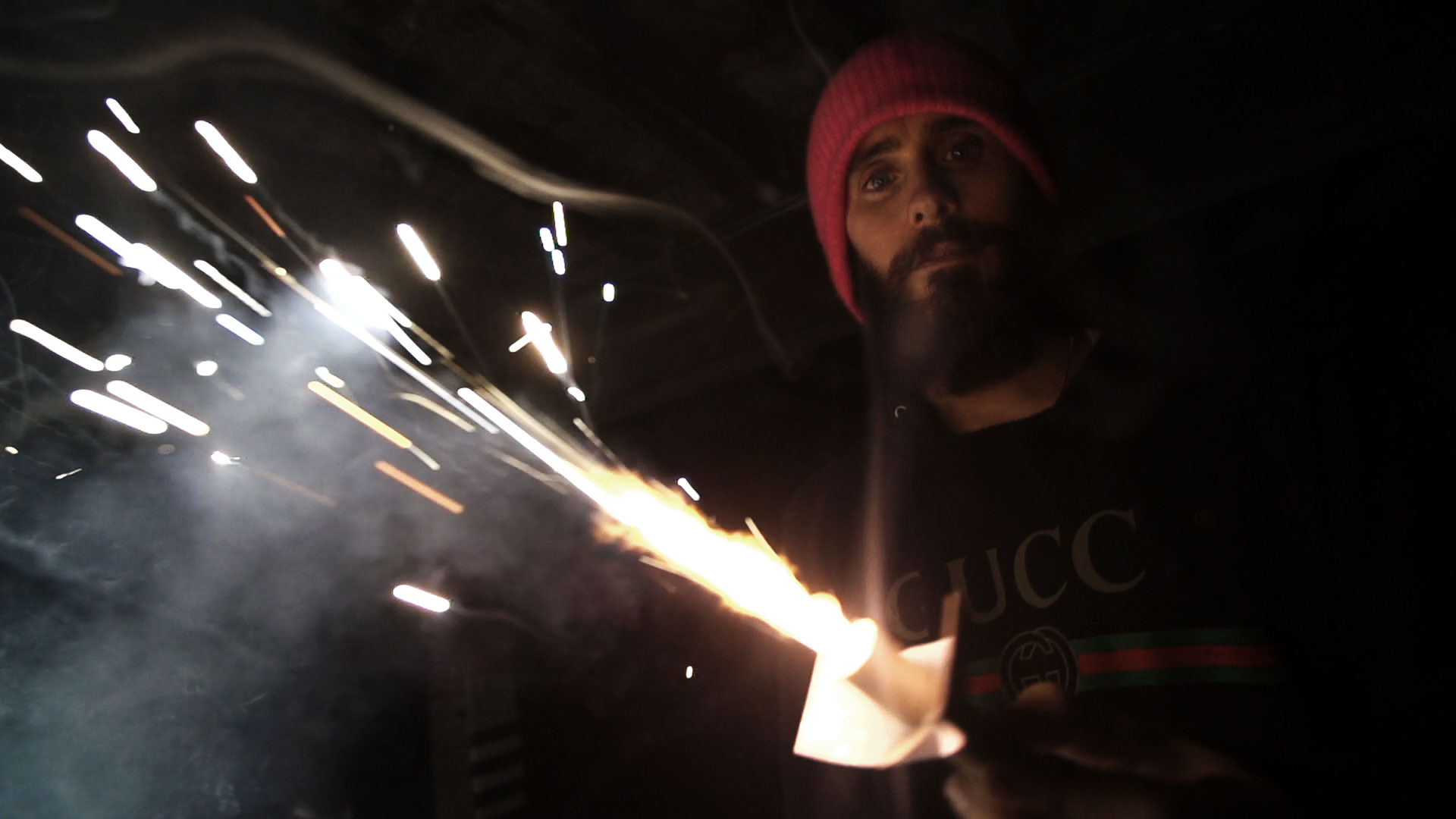 Jared Leto working on his film carrying a blow torch