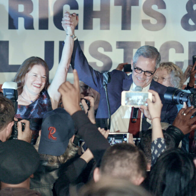 Larry Krasner and his team celebrates their victory on election night in Philadelphia