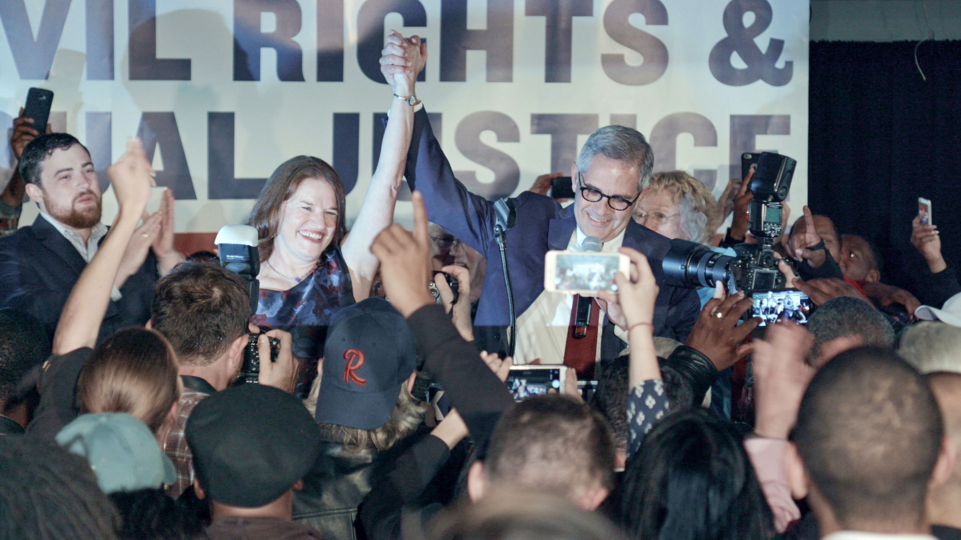 Larry Krasner and his team celebrates their victory on election night in Philadelphia