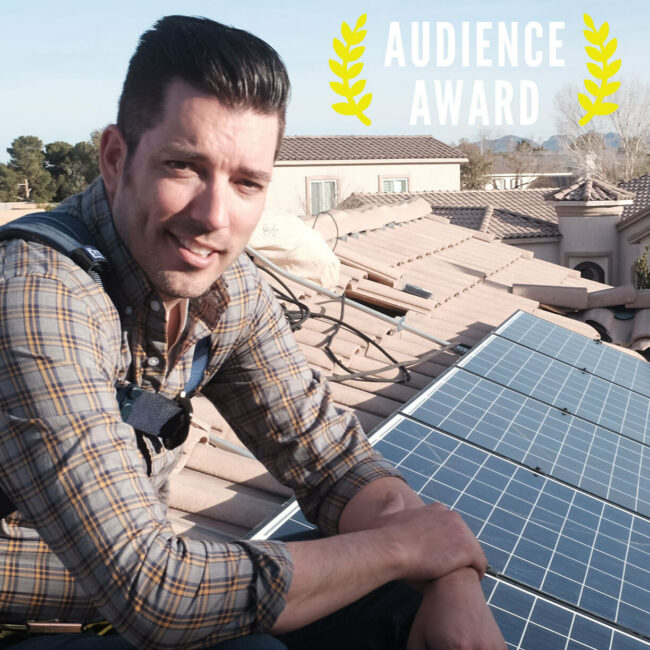 Audience Award laurels atop Jonathan Scott Power Trip image with Scott atop a roof with solar panels