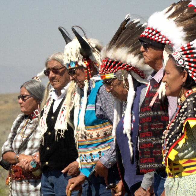 Tribals members pay their respects at Little Chief's reburial at Sharp Nose Cemetery, Wind River Reservation, WY (From Left: Fay Ann Soldier Wolf, Mark Soldier Wolf, Hubert Friday, Nelson White, Crawford White, Yufna Soldier Wolf), 2017