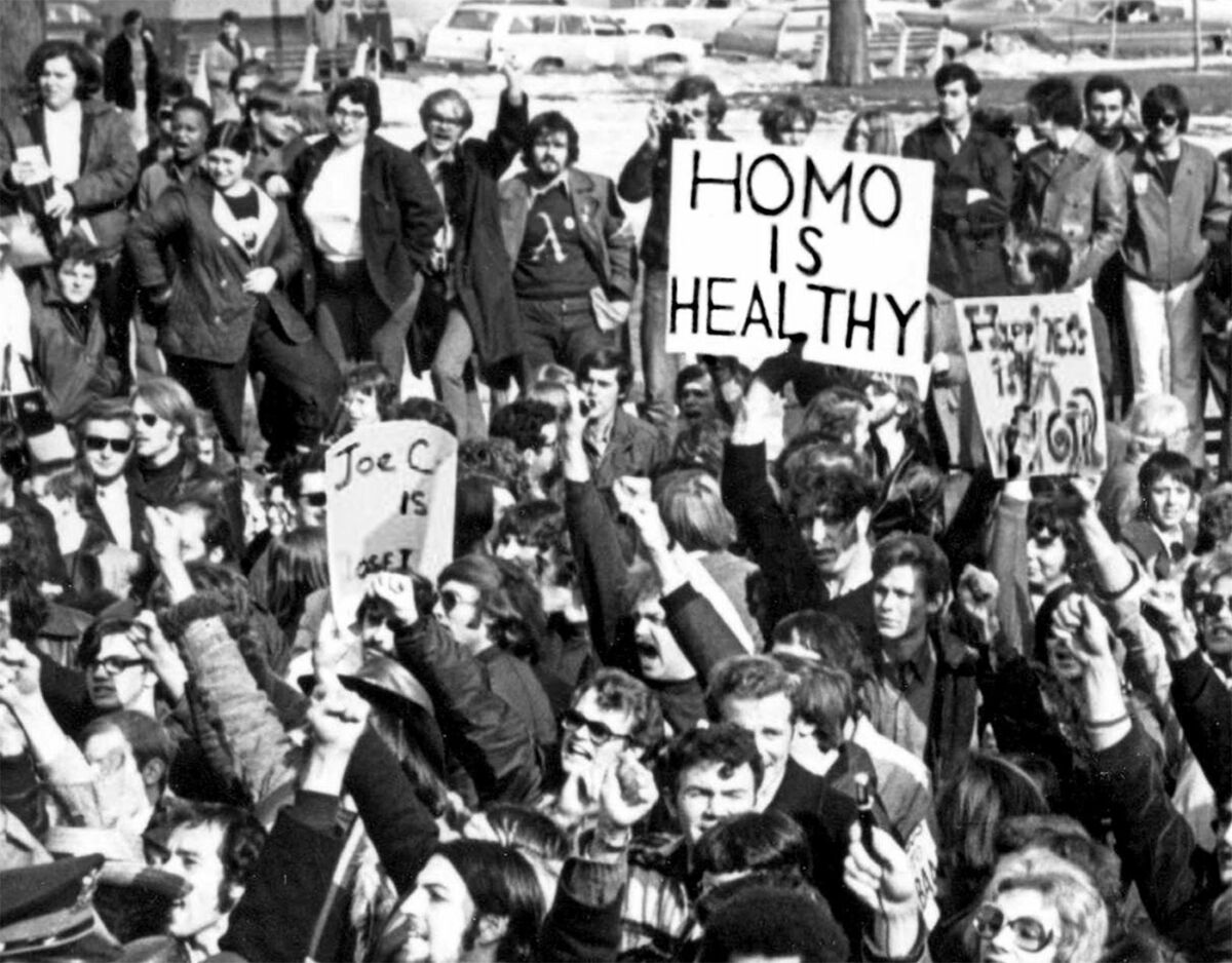 Demonstrators gathered in Albany, New York, in 1971 to demand gay rights and to declare that "Homo Is Healthy."