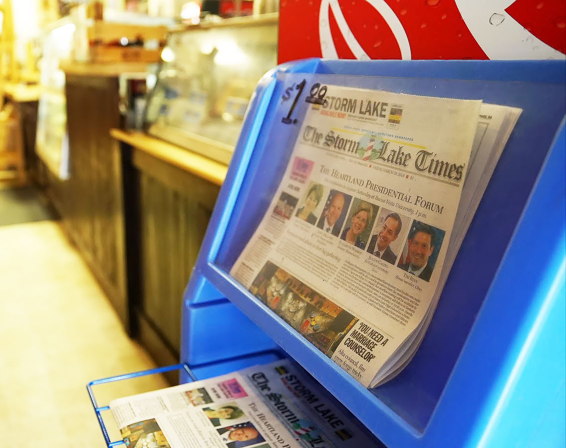 Storm Lake Times newspaper for sale in a local restaurant