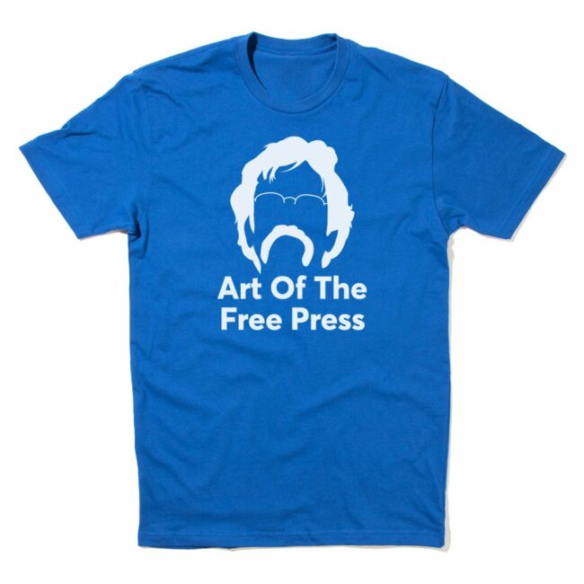 blue Art of the Free Press t shirt with silhouetted image of Art Cullen including mustache