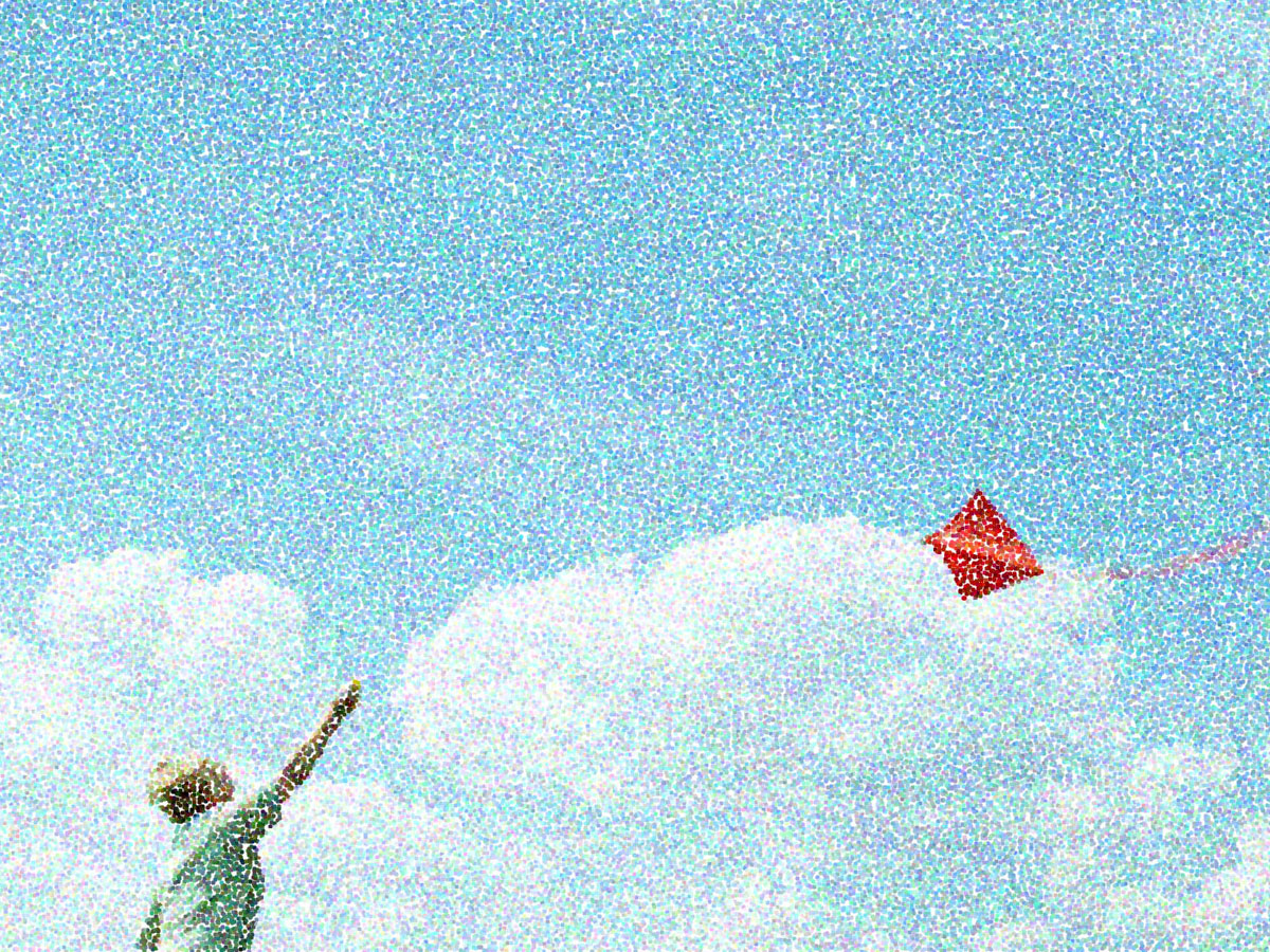 Rebecca flies a kite in the movie Duty Free, a pointilized version of photo.
