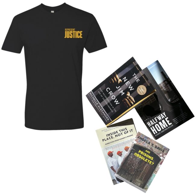 a black represent justice t shirt and a group of books including The New Jim Crow and Halfway Home