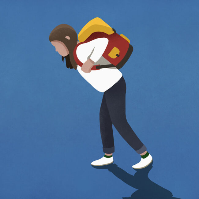illustrated graphic of girl weighted down by red backpack. credit: Getty Images/Malte Mueller.