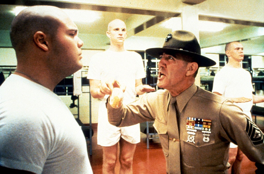 Actors Vincent d'Onofrio, Matthew Modine and R.Lee Ermey on the set of "Full Metal Jacket". (Photo by Sunset Boulevard/Corbis via Getty Images)