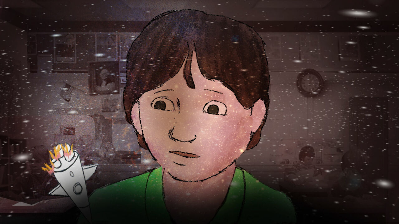 illustrated animated film still of young Matt from the film Brother