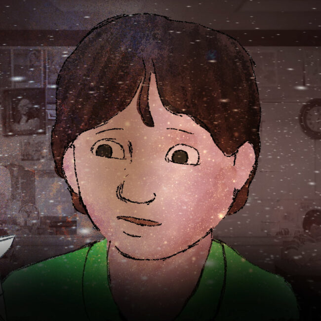 illustrated animated film still of young Matt from the film Brother