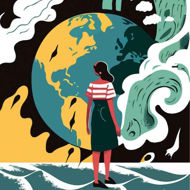 Shutterstock illustration by Malchevska of a woman looking out on to a struggling planet Earth dealing with storms and fire and steam