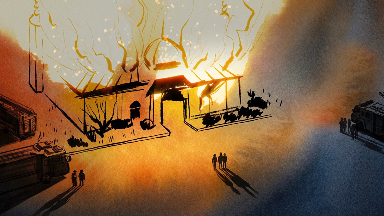 Drawing of a mosque on fire / Animation of the night of the Victoria Islamic Center arson.
