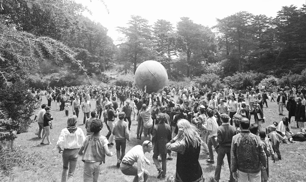 A giant game of world hackysack, anyone? Participants at a summer solstice celebration in San Francisco’s Golden Gate Park keep a large ball, painted to represent a globe, in the air, June 21, 1967. AP Photo/File Summer-photo-summer-of-Love-SF-from-AP.jpg