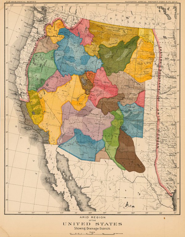 John Wesley Powell's map of the Watersheds of the Western United States which he presented to the U.S. Senate in 1890. Wikimedia Flood Dam Map_of_Water_Sheds_of_Arid_Region_US_John_Wesley_Powell.jpeg