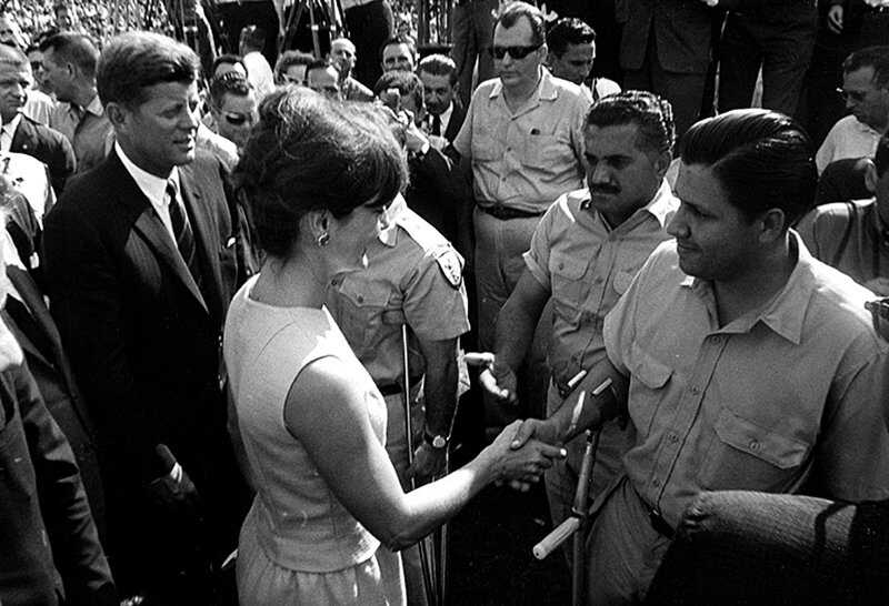 President and Mrs. Kennedy greet members of the 2506 Cuban Invasion Brigade. Miami, Florida, December 29, 1962. Courtesy: John F. Kennedy Library and Museum. JFK foreign 1 800.jpg