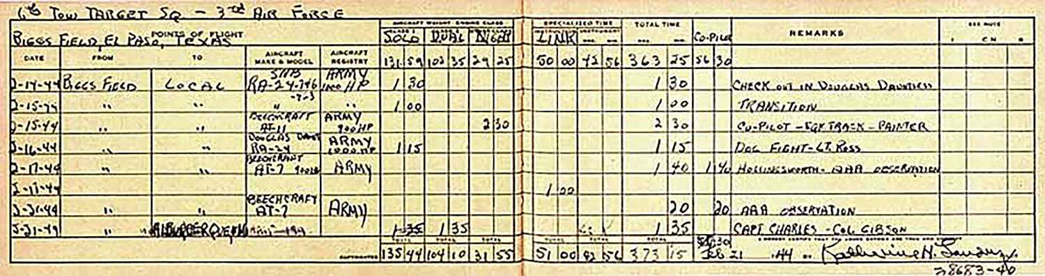 Extract from pilot's log book flygirls-primary-source-pilot-log.jpg