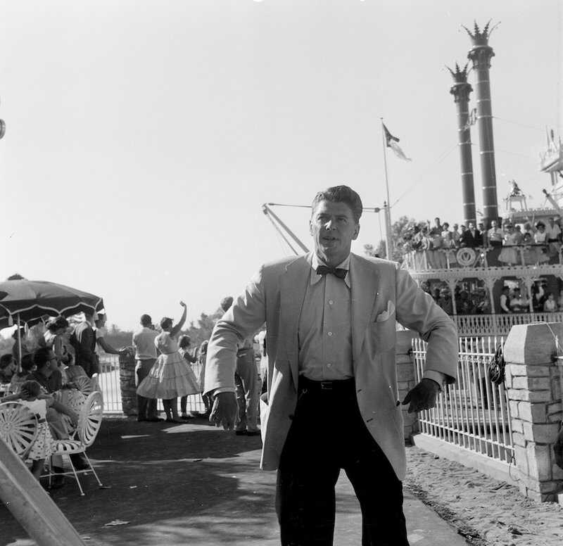 Ronald Reagan hosts the "Dateline: Disneyland" broadcast on ABC on July 17, 1955. Credit: Getty Images. disney_Reagan_1000.jpg