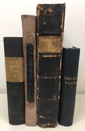 Books donated by Helen Keller to the Perkins School for the Blind. Courtesy of Perkins School for the Blind Archives H-Keller_spines_1.jpg