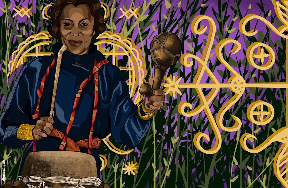 A brightly colored illustration of Zora Neale Hurston playing the maman drum.