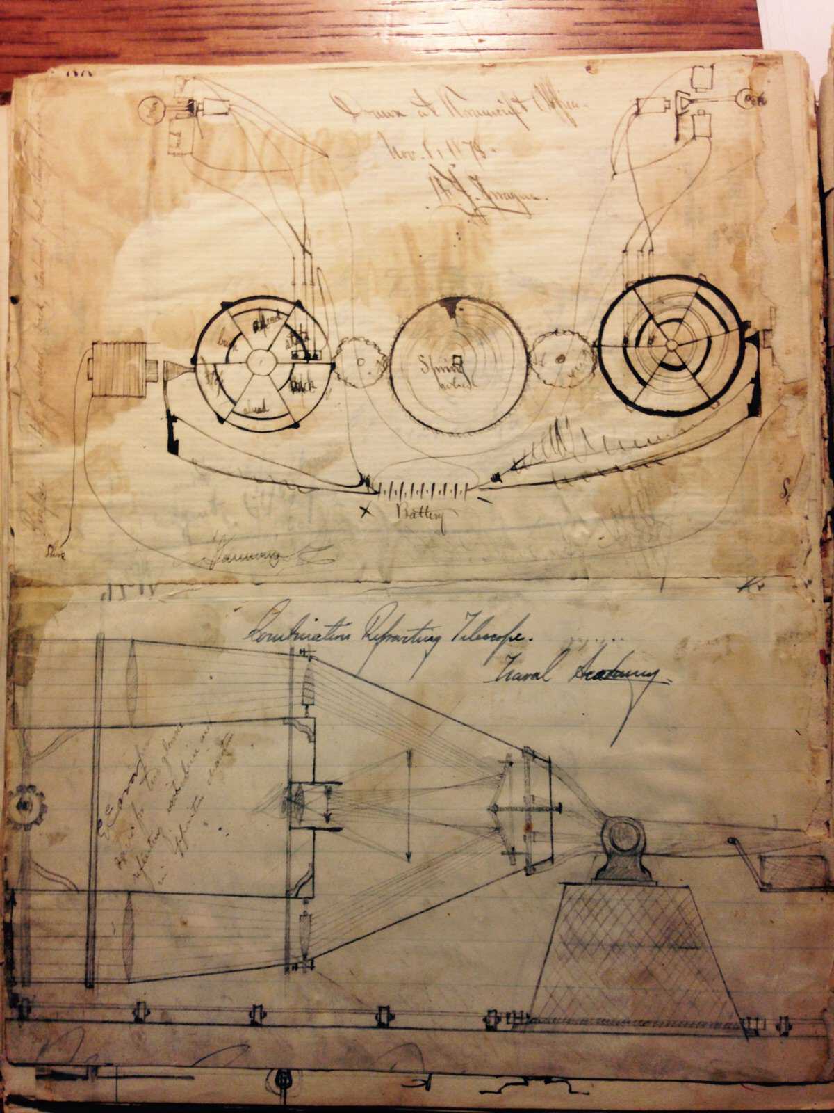 More sketches from Frank Sprague’s notebook. Top half of the page: several connected circles with lines drawn towards the word battery. Bottom of the page: diagram of a telescope of some sort. Courtesy of John Sprague. FSprague_3.jpg