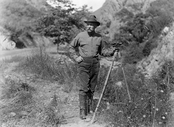 William Mulholland, taken in the field with a surveying instrument. Historical Photo Collection of the Department of Water and Power, City of Los Angeles Flood-Water-Wars-Mulholland-LADWP-1000650.jpg